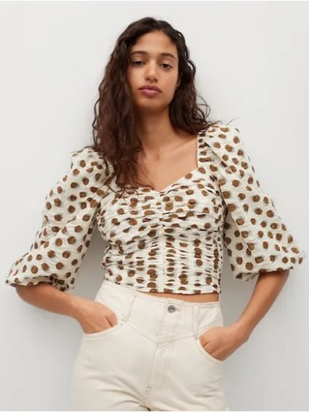 MNG Mango Ruched Puff-Sleeve Polka Dot Crop Top - Cream & Brown NWOT Sz L